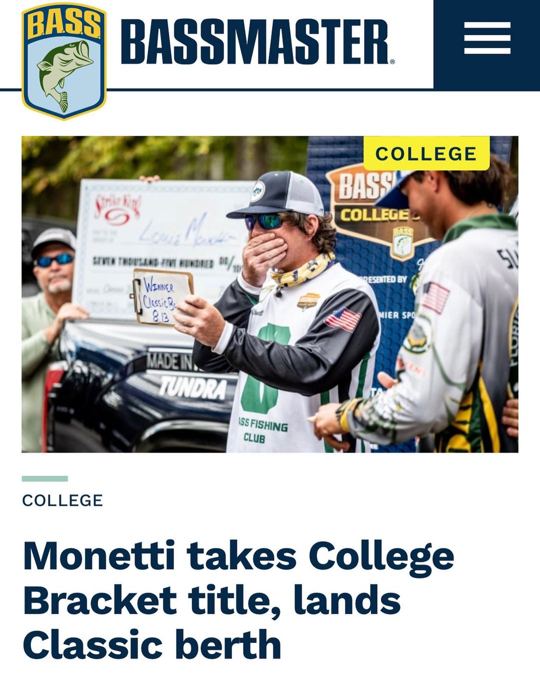 Bassmaster College Champion Louis Monetti wearing Fat Bass Topwater hat